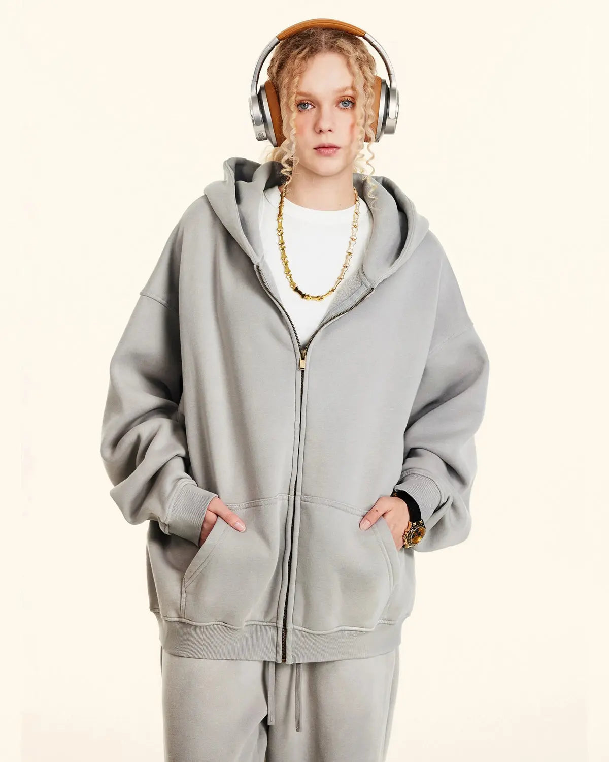Acid washed zip-up hoodie by INFLATION Streetwear, featuring a worn, distressed look and front zipper detail.