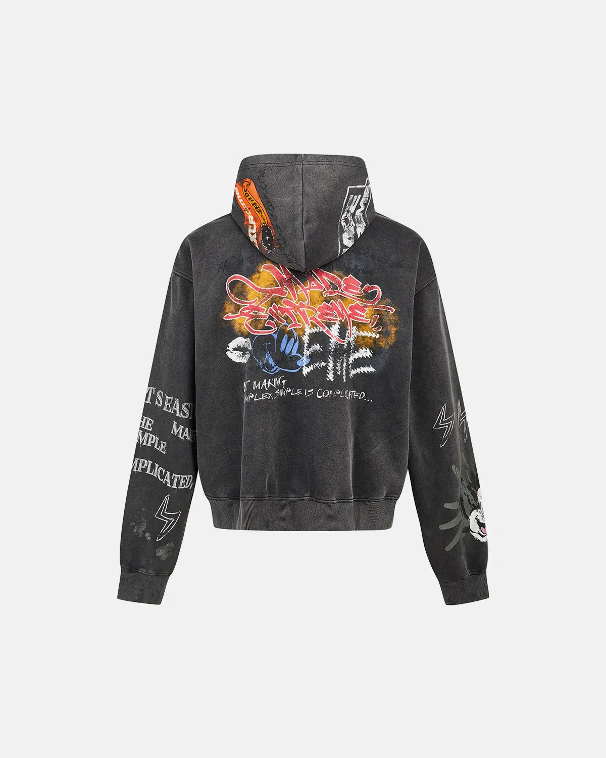 Boxy graffiti zip-up hoodie from Inflation Streetwear with bold graffiti design, front zipper, and relaxed fit.