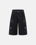 Star rhinestone denim shorts by INFLATION, stylish streetwear pants with star embellishments and a distressed denim finish.