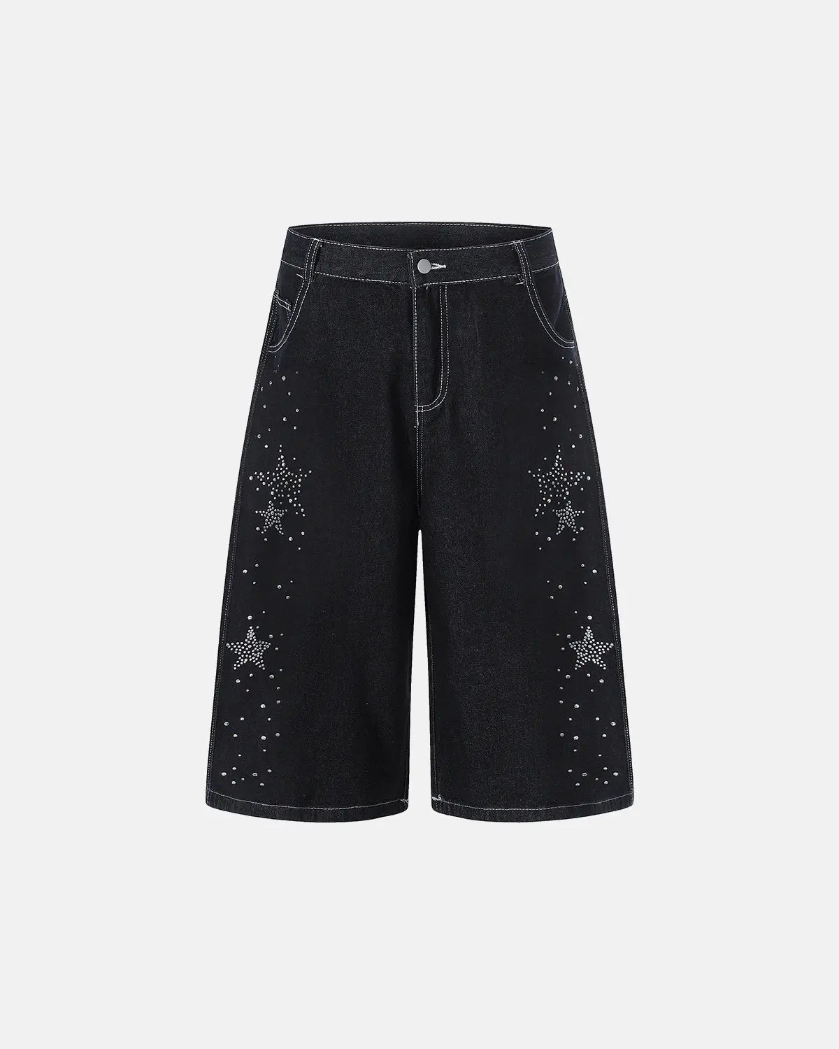 Star rhinestone denim shorts by INFLATION, stylish streetwear pants with star embellishments and a distressed denim finish.