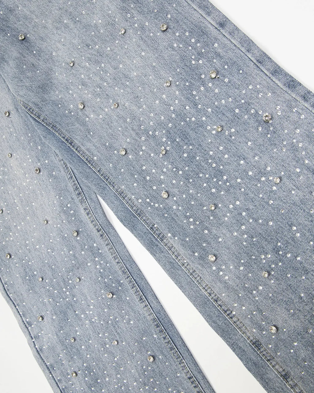 Inflation Streetwear studded rhinestone baggy jeans with embellishments and distressed details, casual streetwear style.