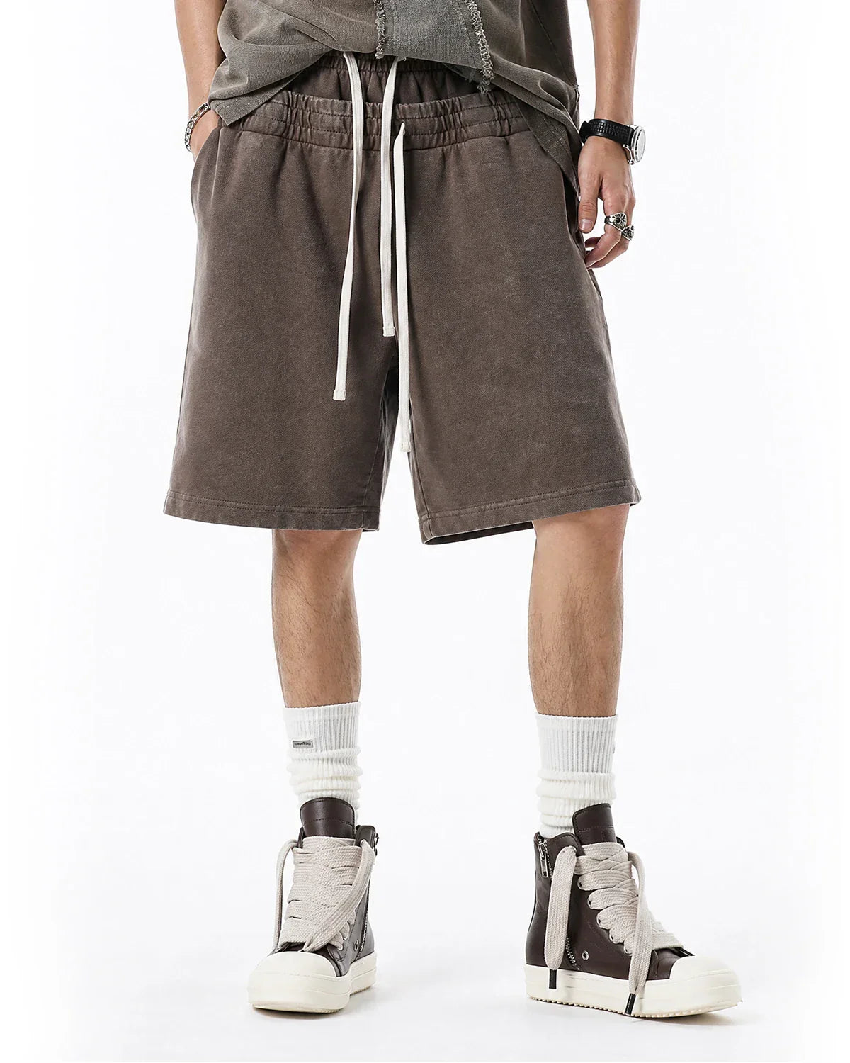 Inflation Streetwear double waist acid wash sweat shorts with a relaxed fit, featuring a trendy distressed look and comfortable design.