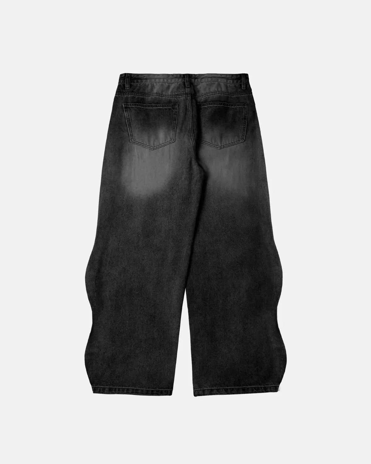 Inflation washed baggy denim pants with relaxed fit, showcasing faded blue denim, front pockets, and casual style.
