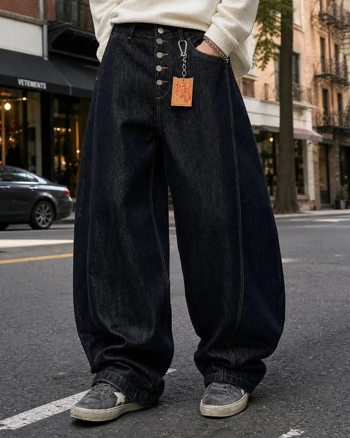 Black buttons-up barrel baggy jeans by INFLATION Streetwear featuring relaxed fit and classic denim style.