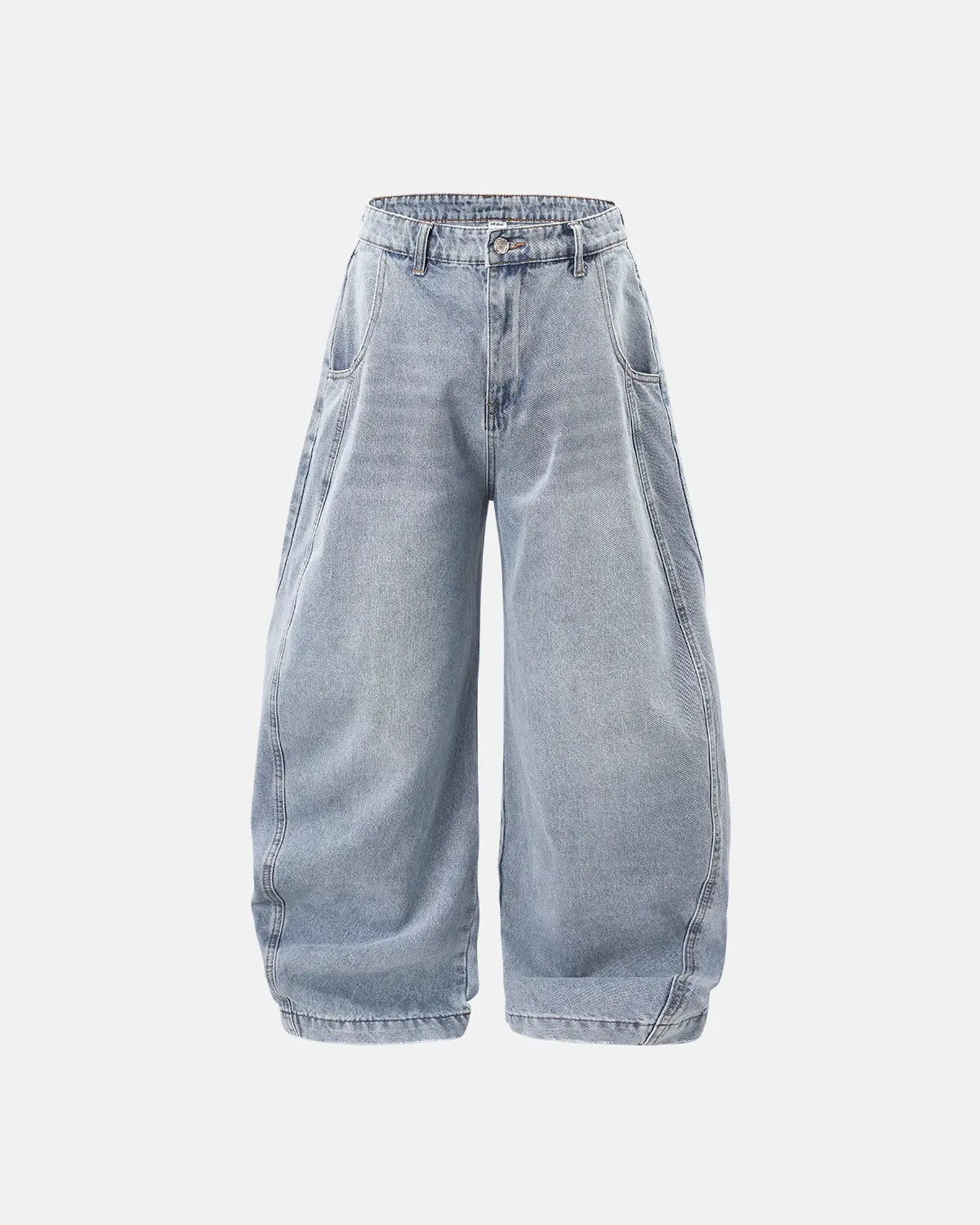 Acid washed distressed barrel jeans by INFLATION, featuring a relaxed fit, frayed details, and vintage-inspired streetwear style.
