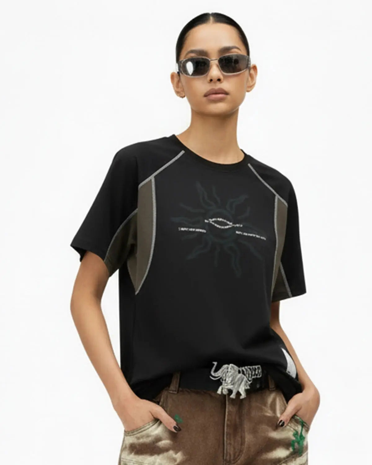 Inflation Streetwear Totem Graphic Patchwork T-shirt featuring bold patchwork design and colorful graphic print on casual cotton tee.