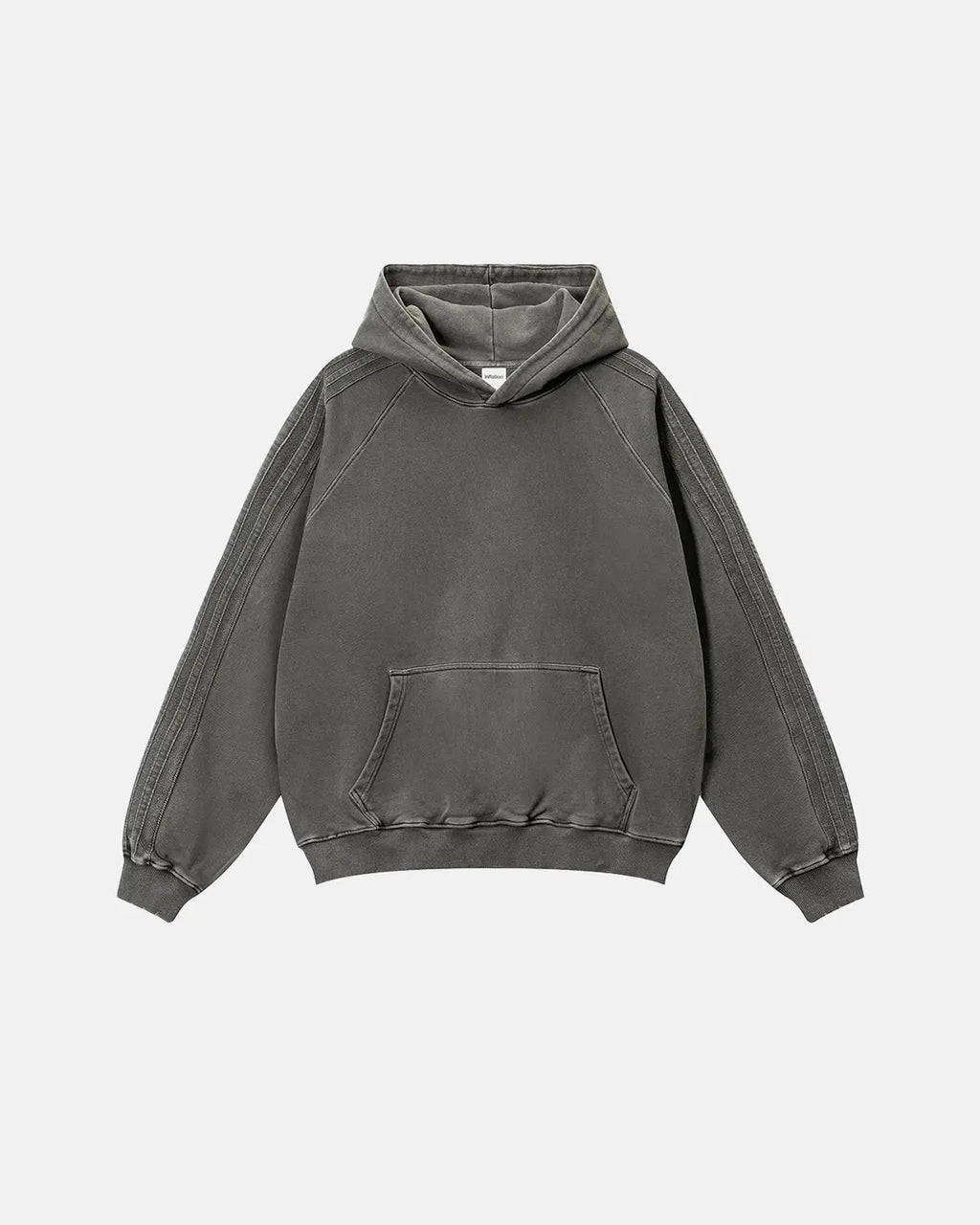 Inflation Streetwear frayed seam acid wash hoodie with distressed details and casual fit, shown in a close-up view.