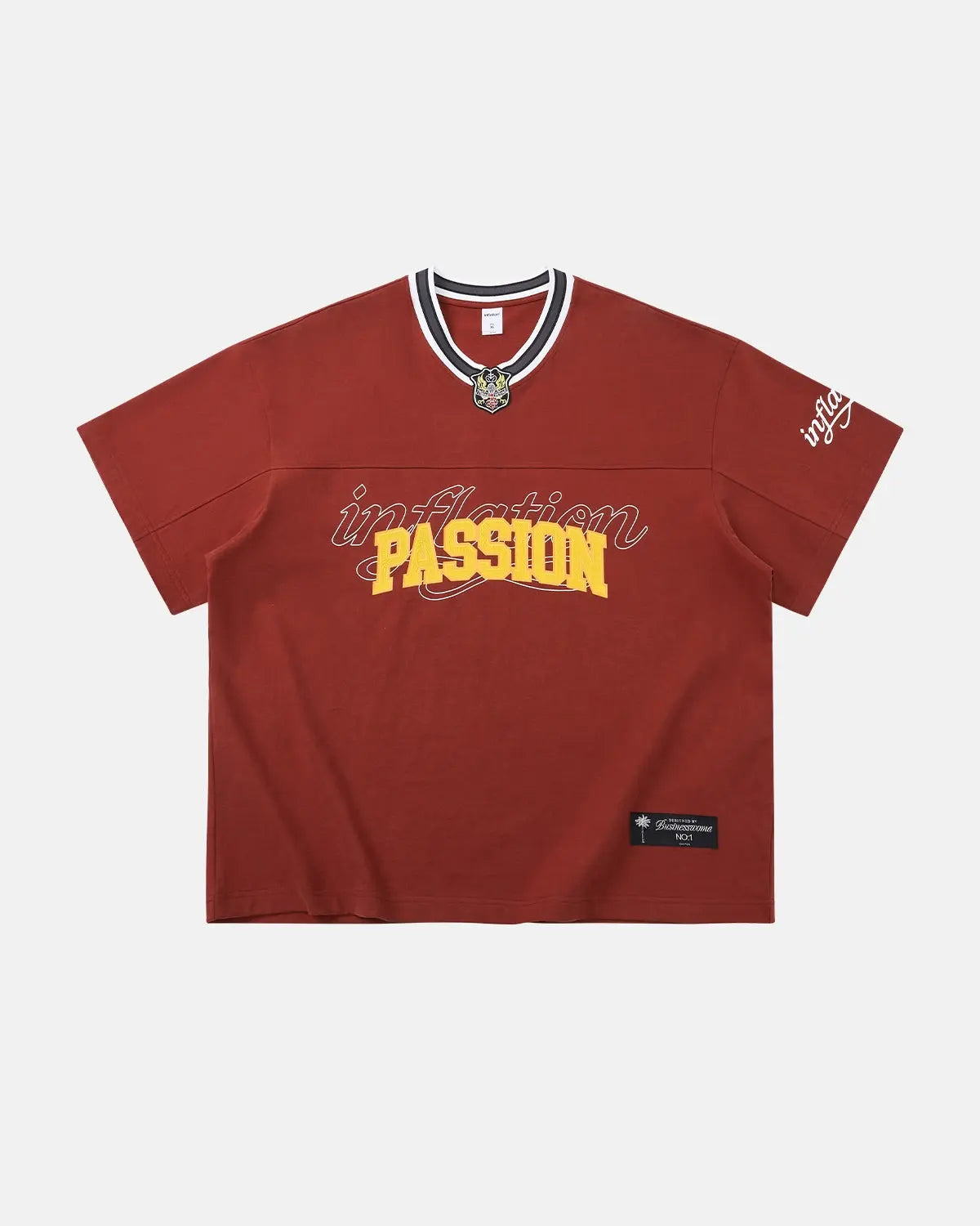 Retro V-neck jersey by INFLATION featuring classic streetwear style and detailed knit fabric in vibrant colors.