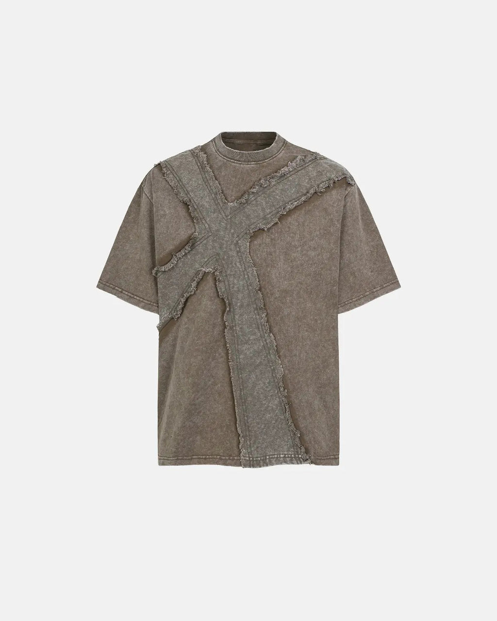 Deconstructed cross washed T-shirt by INFLATION Streetwear featuring a distressed design and casual fit on a white background.