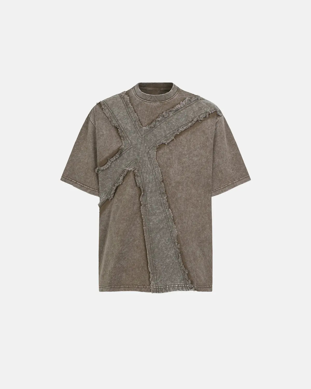 Deconstructed cross washed T-shirt by INFLATION Streetwear featuring a distressed design and casual fit on a white background.