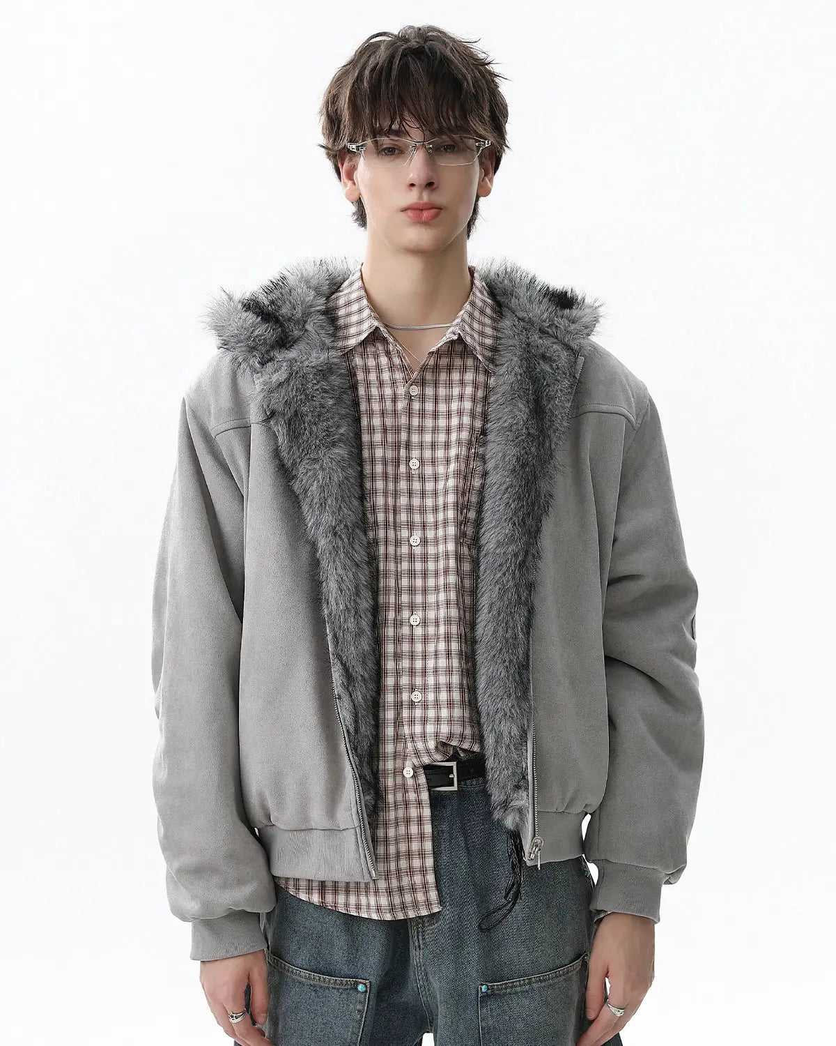 Reversible faux fur hooded jacket by INFLATION, showcasing soft faux fur exterior and stylish hood, ideal for streetwear fashion.