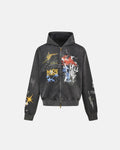 Inflation Streetwear Boxy graffiti zip-up hoodie featuring bold graffiti designs and a relaxed fit, front view.