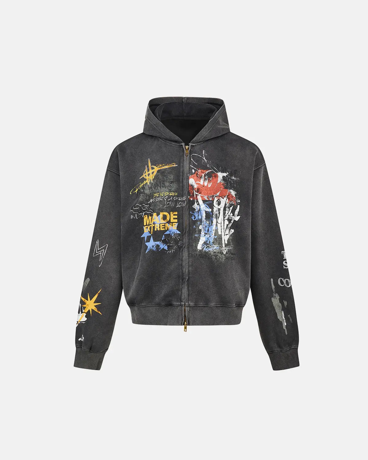 Inflation Streetwear Boxy graffiti zip-up hoodie featuring bold graffiti designs and a relaxed fit, front view.