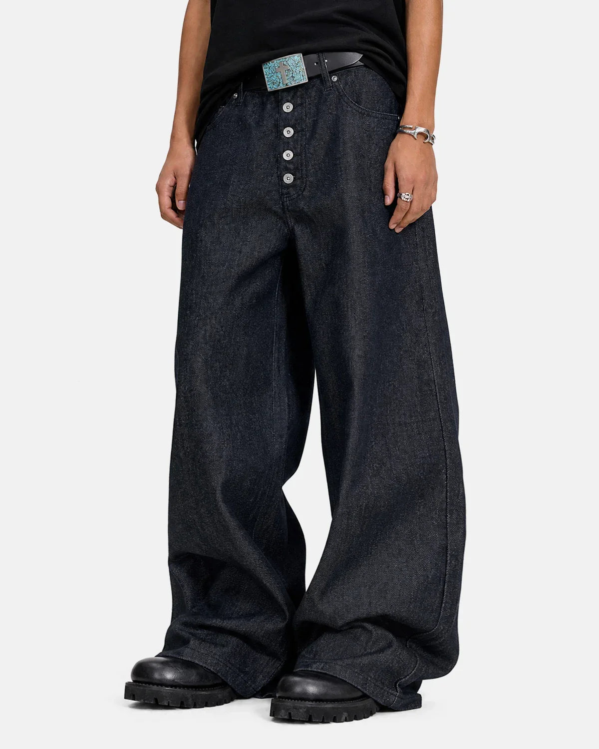 Inflation Streetwear Buttons Up Raw Baggy Jeans showing relaxed fit, button details, and distressed denim style.