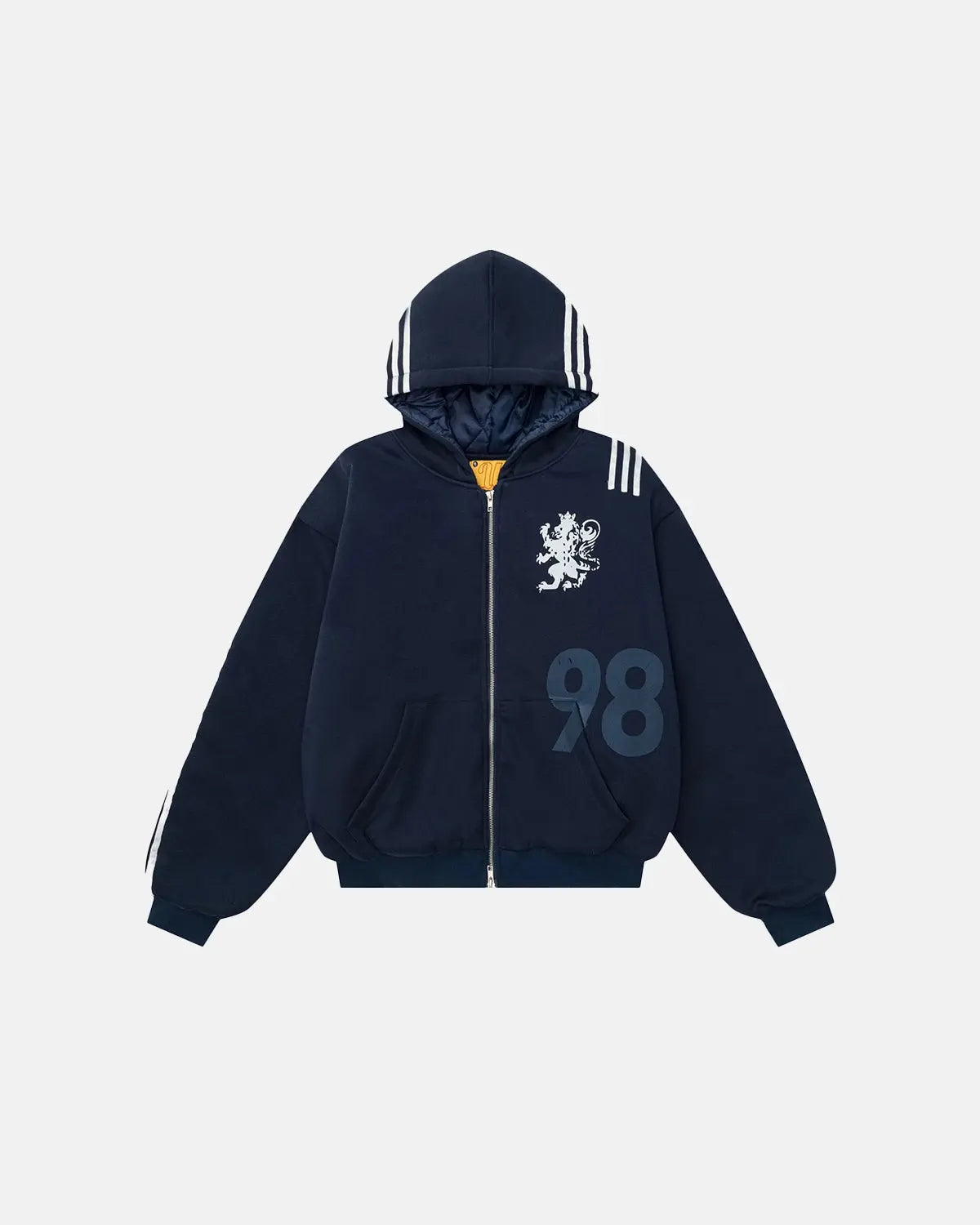 Gothic striped hooded bomber jacket by INFLATION, featuring dark vertical stripes and a casual streetwear style.