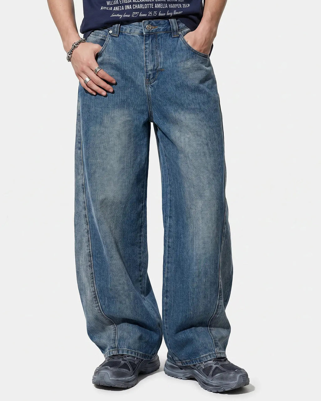 Bamboo weave cinch back baggy jeans by INFLATION Streetwear featuring relaxed fit and natural bamboo texture.