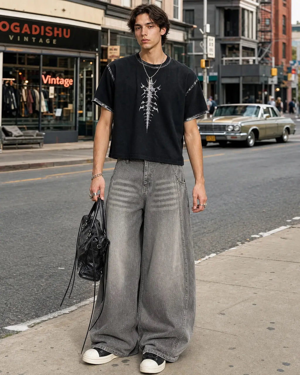 Inflation brand rhinestone washed barrel jeans, stylish streetwear pants with rhinestone embellishments and a relaxed fit.