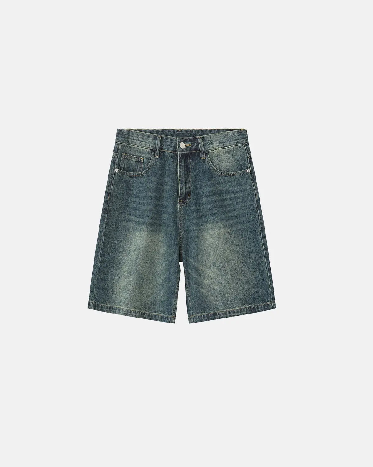 Washed knee-length denim jorts by INFLATION, featuring a casual fit with frayed hems and classic five-pocket design.