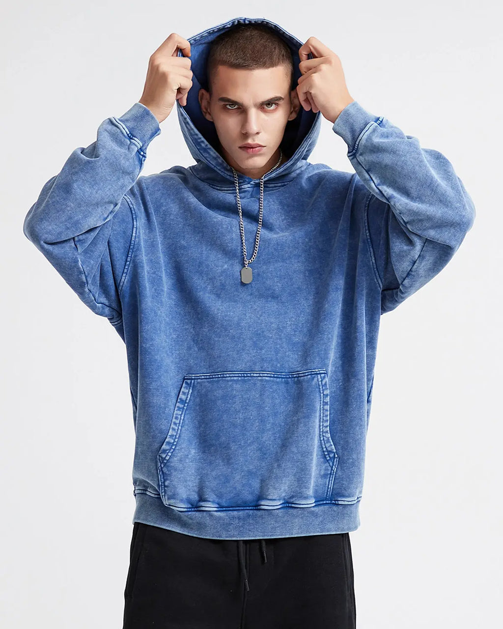 Inflation Streetwear French Terry Washed Distressed Hoodie with frayed edges and casual fit, showcasing a trendy streetwear style.