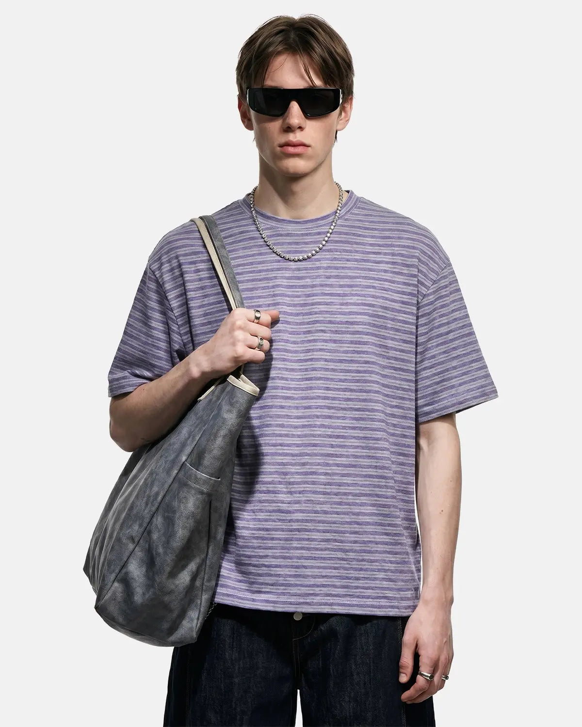 Inflation Streetwear retro striped boxy T-shirt with bold horizontal stripes and a relaxed fit, shown on a mannequin.