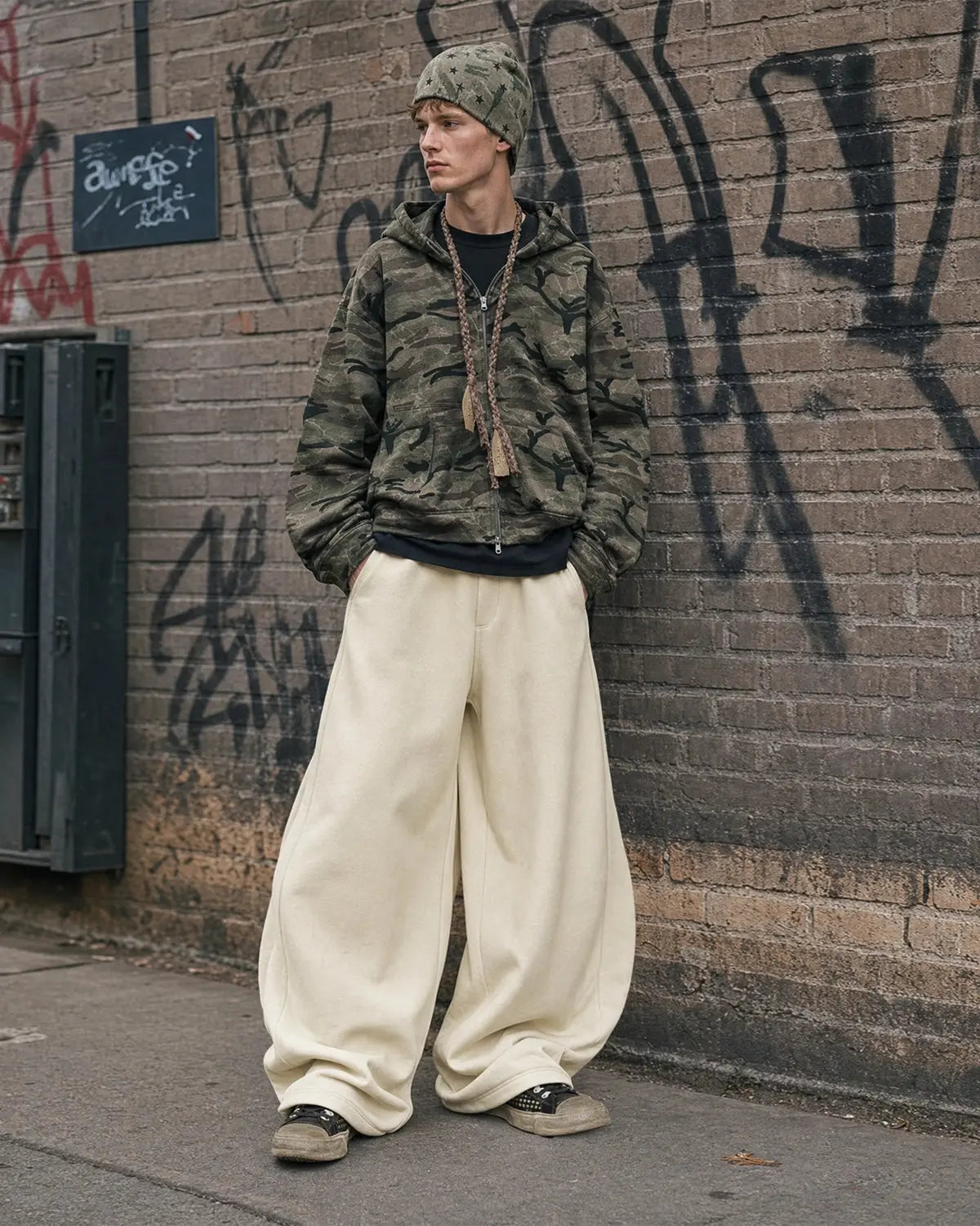 Deconstructed wide-leg sweatpants by INFLATION Streetwear featuring a relaxed fit and stylish, oversized design.