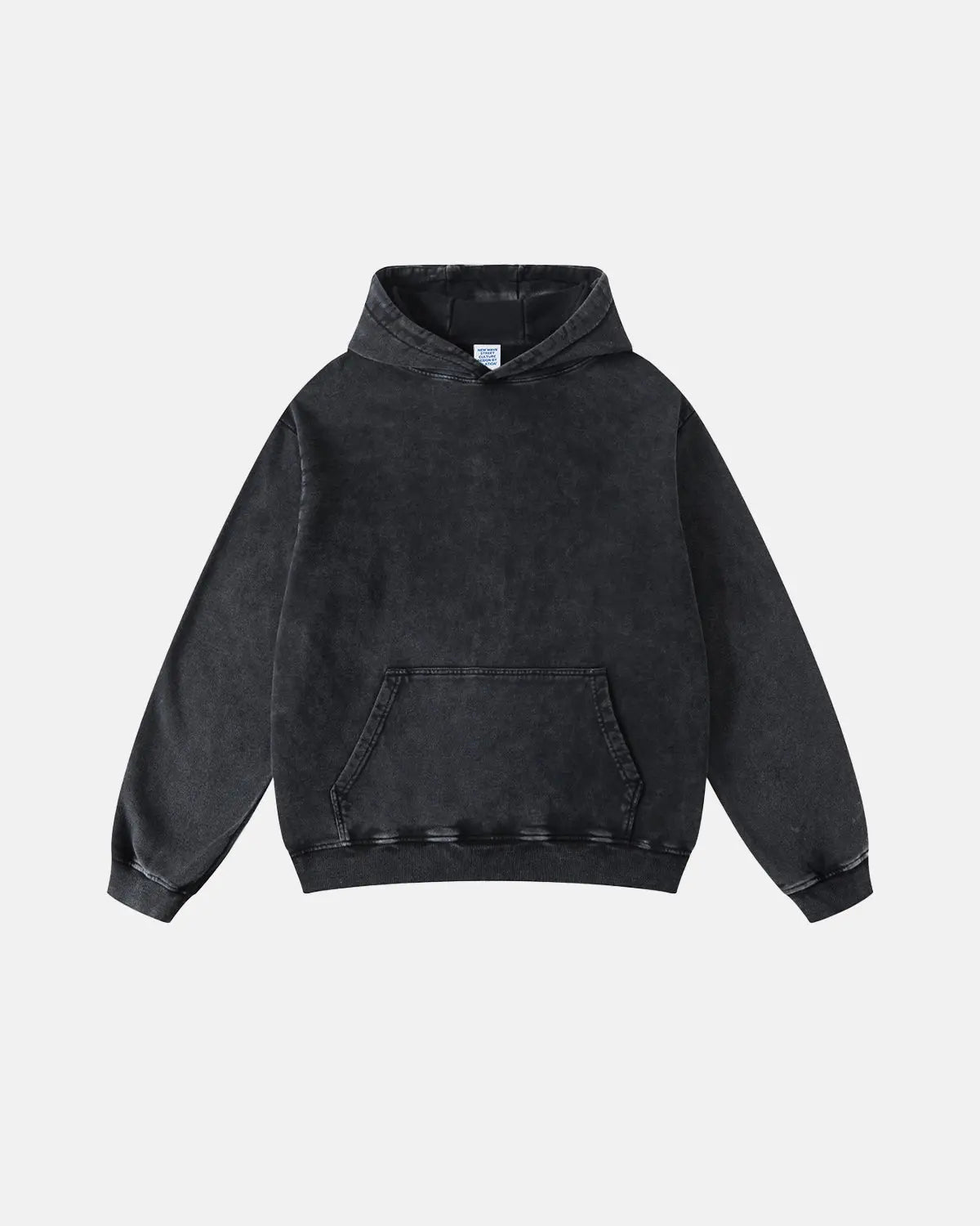Acid washed French Terry hoodie by INFLATION with a relaxed fit, featuring a drawstring hood and casual streetwear style.