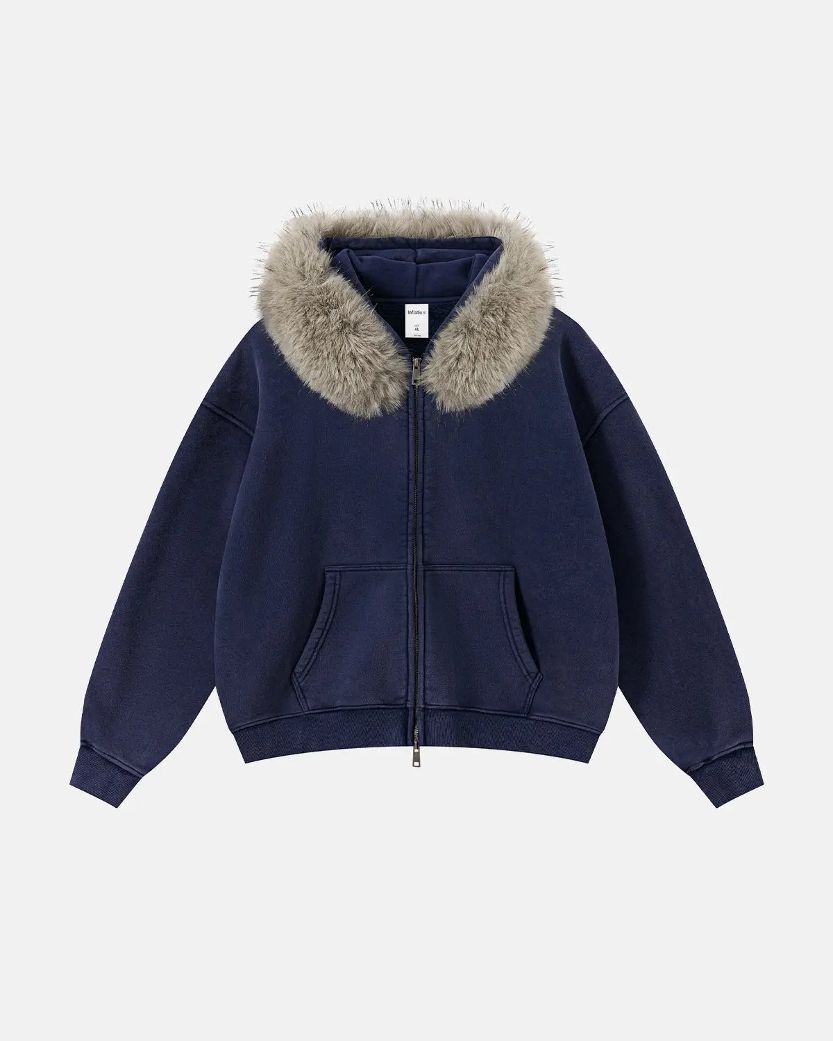 Inflation streetwear faux fur collar acid wash zip-up hoodie with hoodie and zip closure, stylish and casual for everyday wear.