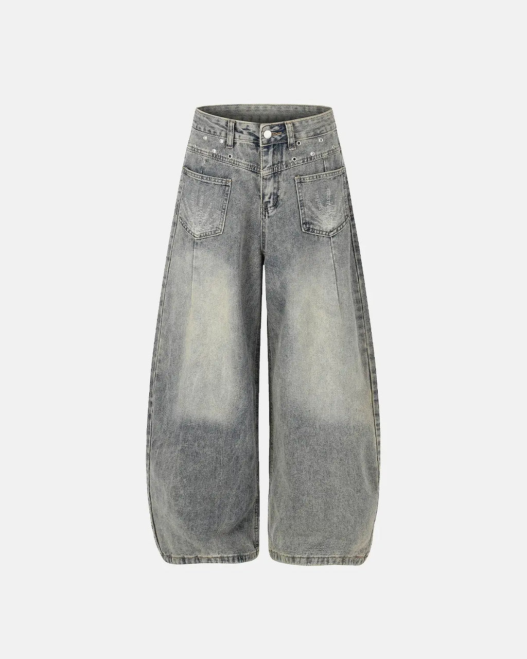 Distressed eyelet barrel jeans by INFLATION featuring a relaxed fit, frayed details, and eyelet accents on denim.