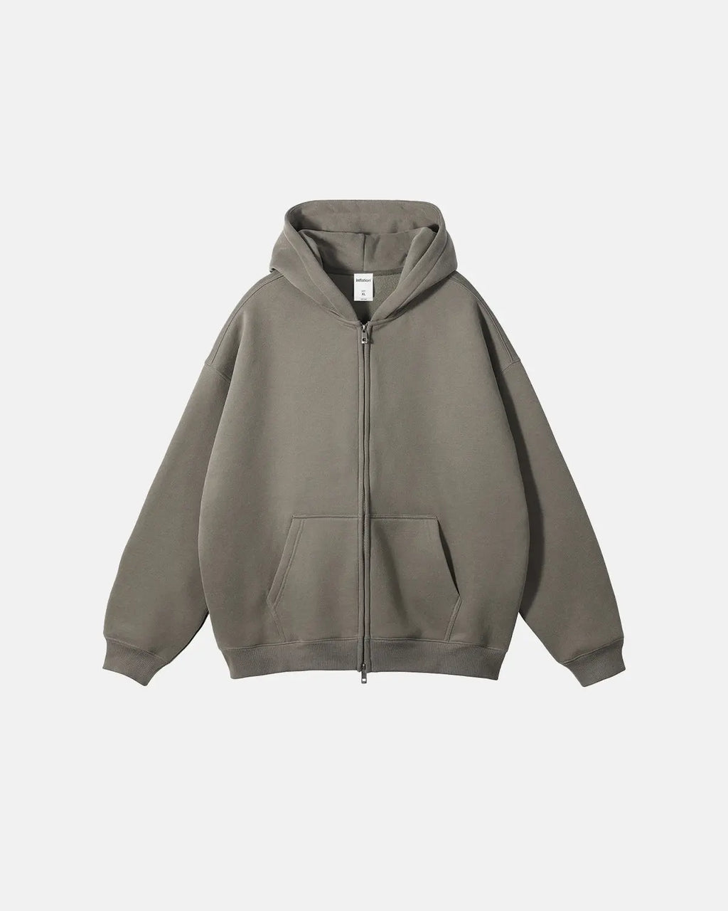 Inflation Streetwear fleece double zip hoodie jacket with front pockets and adjustable drawstrings in a cozy, stylish design.
