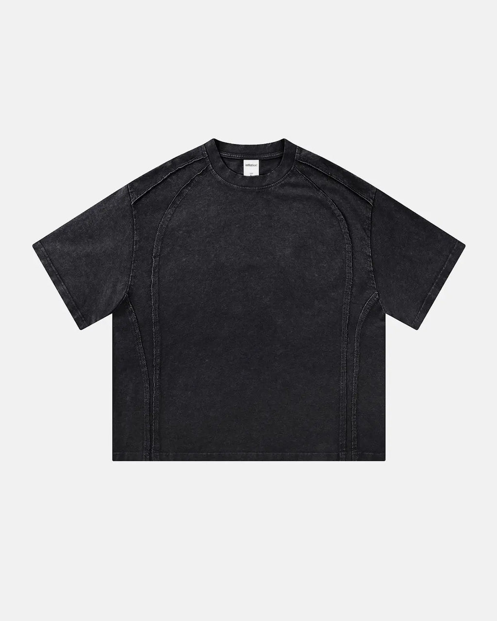 Acid wash boxy fit T-shirt by INFLATION, streetwear style, featuring a relaxed, oversized silhouette and faded acid wash pattern.