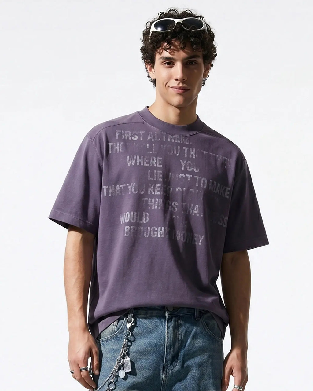 Inflation streetwear mock neck distressed graphic T-shirt with bold design and casual fit, showcasing urban street style.