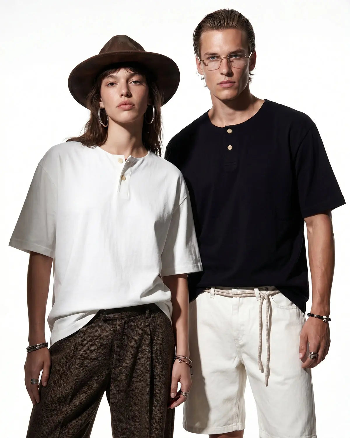 Inflation Old Money Henley Collar T-Shirt in neutral color, casual fit with buttoned neckline, branded streetwear apparel.