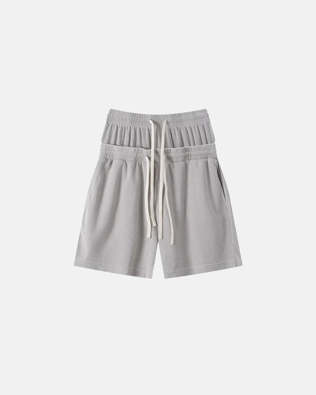 Inflation streetwear double waist acid wash waffle shorts, casual men's pants with a relaxed fit and textured fabric.