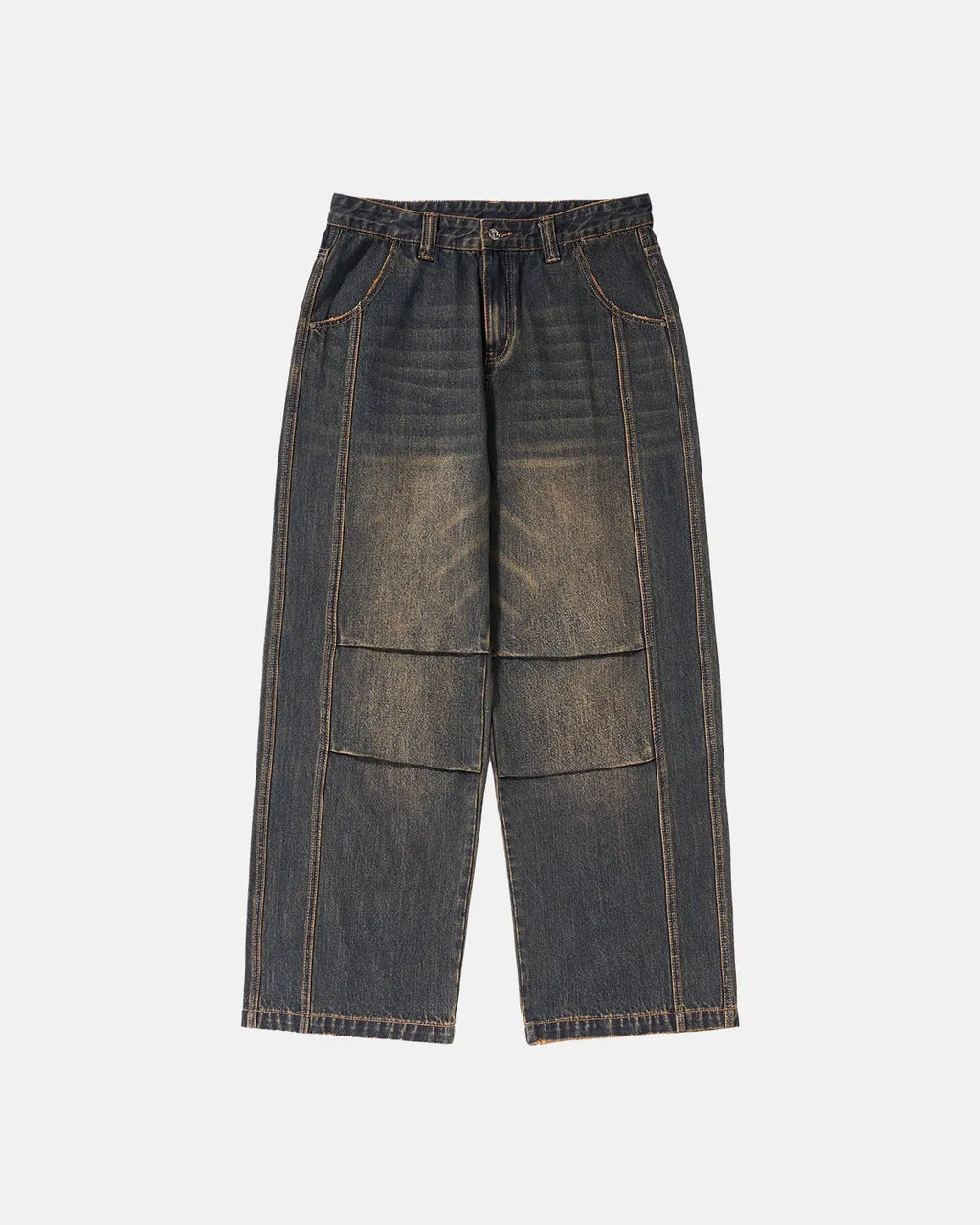 INFLATION faded dirty baggy cargo jeans with distressed details and relaxed fit, showcasing multiple pockets and rugged style.