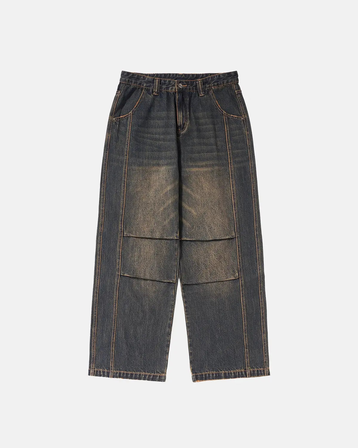 INFLATION faded dirty baggy cargo jeans with distressed details and relaxed fit, showcasing multiple pockets and rugged style.
