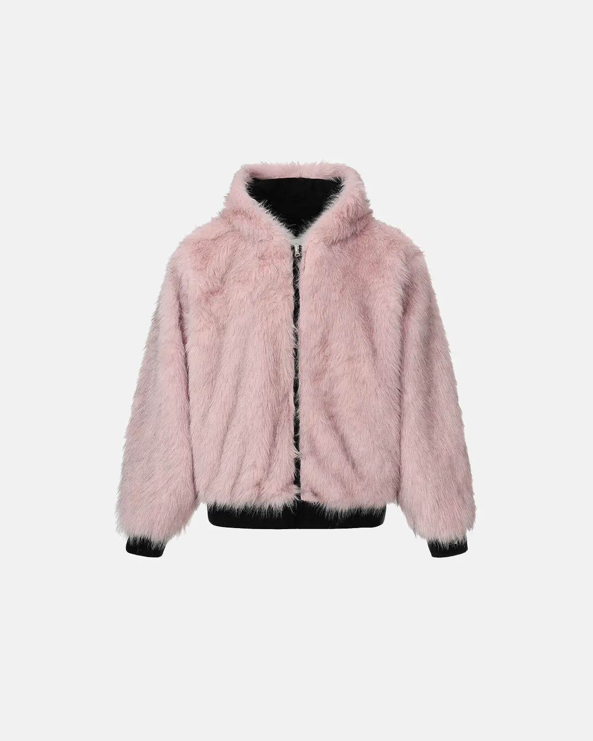 Reversible faux fur hooded jacket by INFLATION Streetwear, showing soft faux fur interior and sleek outer design.