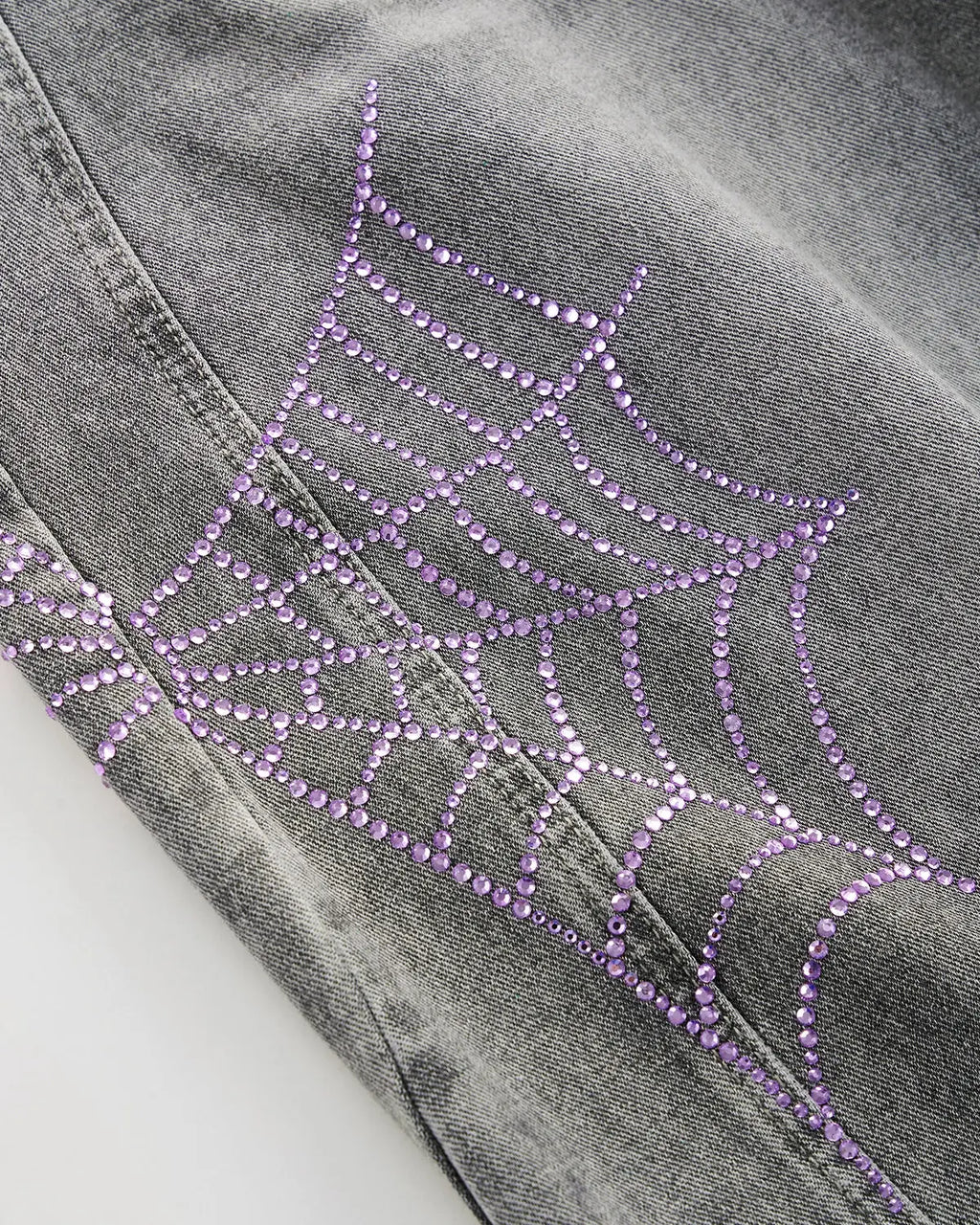 Inflation Spider Graphic Rhinestone Barrel Jeans, stylish pants with spider design and rhinestone details on dark denim fabric.