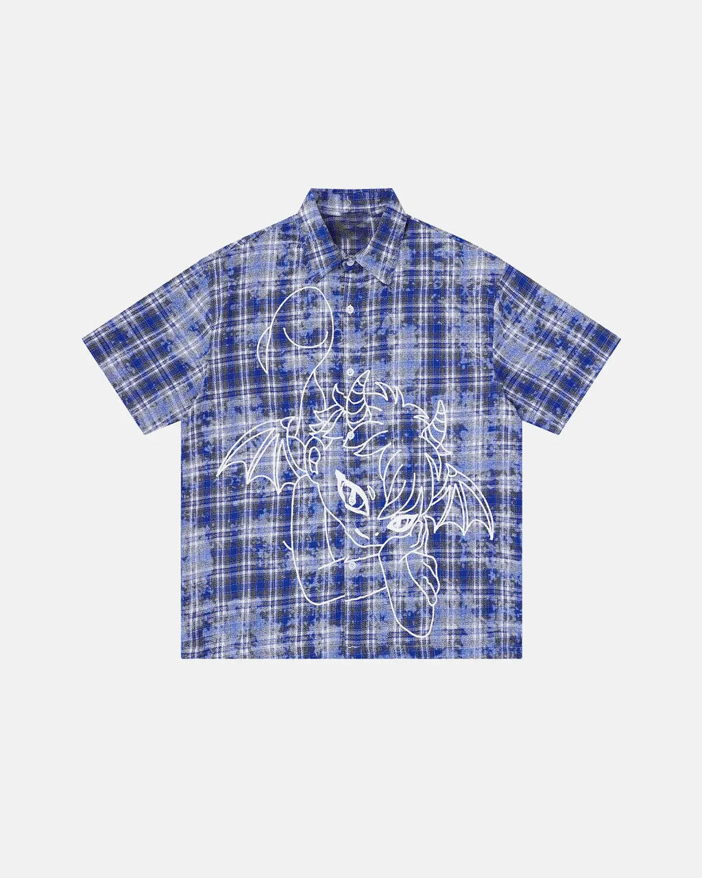 Inflation Streetwear devil embroidered plaid shirt with red and black checkered pattern, featuring detailed devil embroidery on the front.