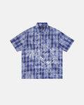 Inflation Streetwear devil embroidered plaid shirt with red and black checkered pattern, featuring detailed devil embroidery on the front.
