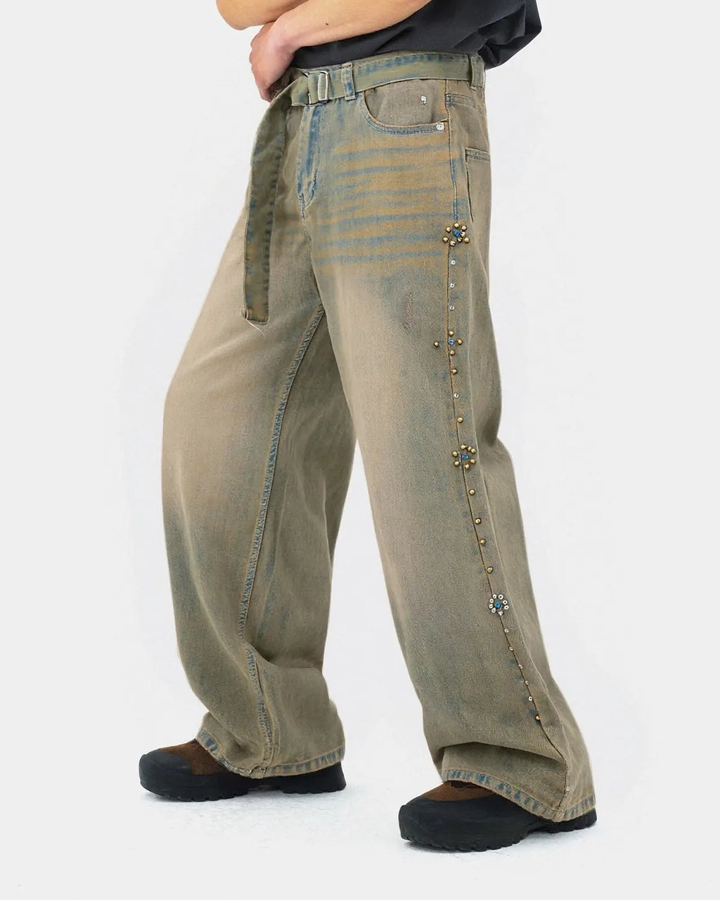 Beaded studded washed baggy jeans by INFLATION Streetwear, showing distressed denim with beaded embellishments and relaxed fit.