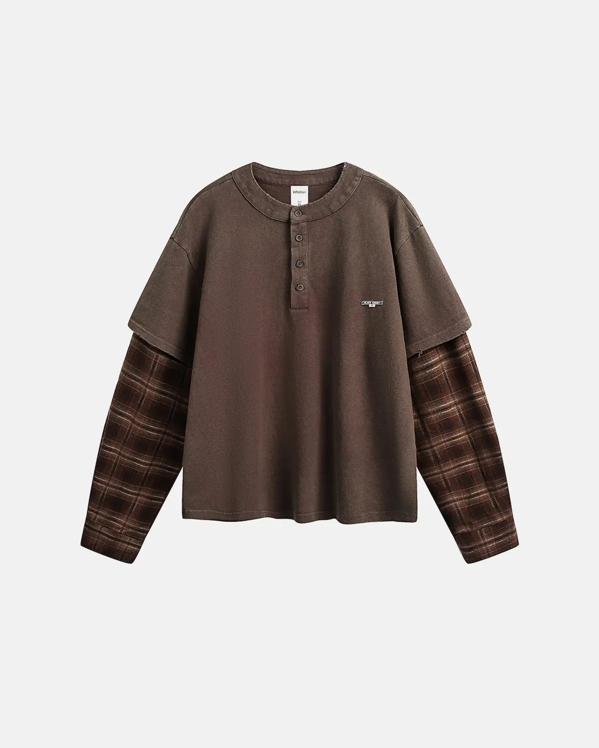 Distressed plaid layered long sleeve tee from Inflation Streetwear, featuring a casual urban style with a layered design and plaid pattern.