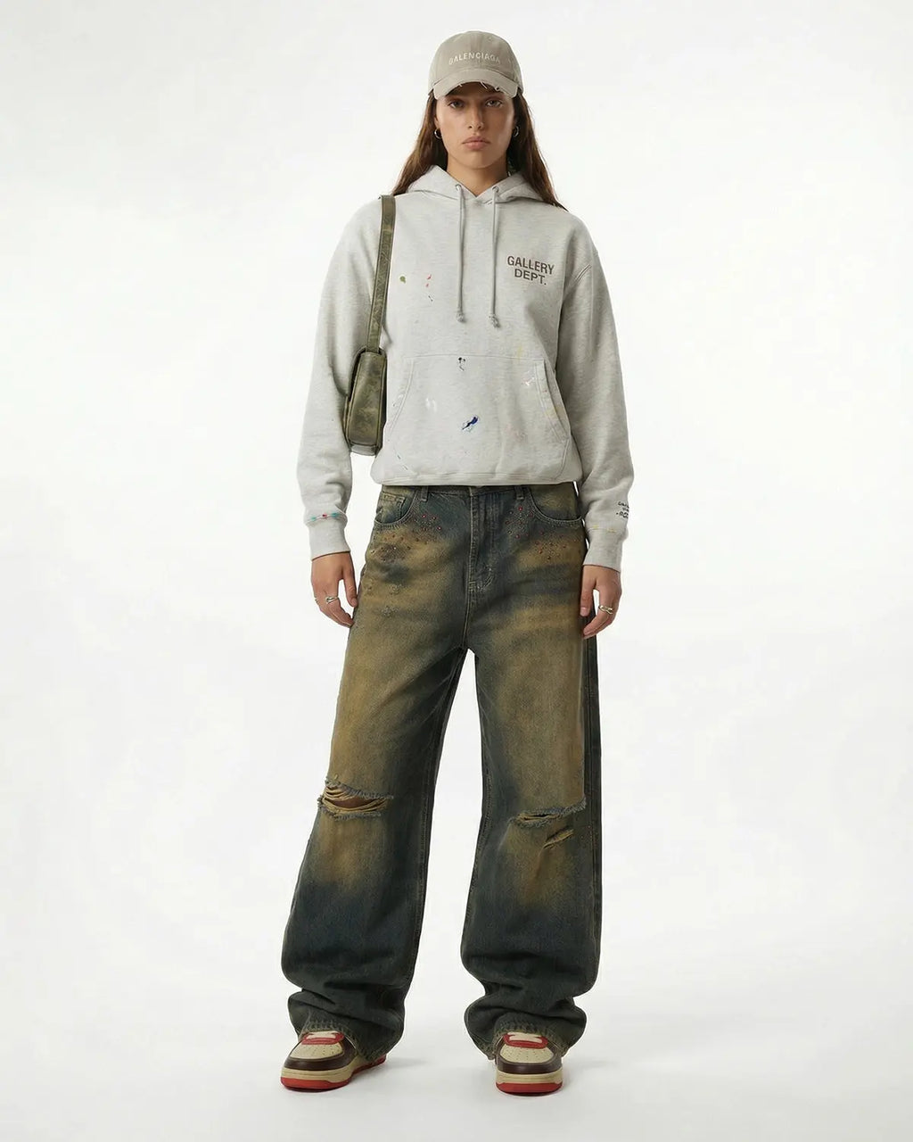 Inflation Dirty Wash Rhinestone Baggy Jeans with distressed details and rhinestone accents, streetwear style for casual fashion.