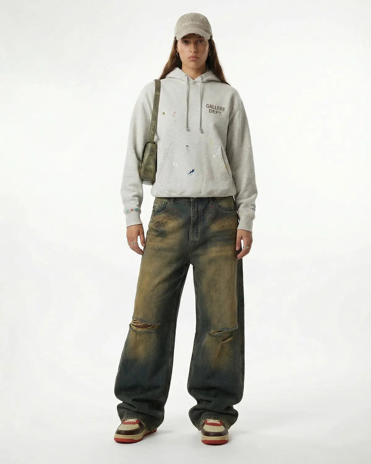 Inflation Dirty Wash Rhinestone Baggy Jeans with distressed details and rhinestone accents, streetwear style for casual fashion.