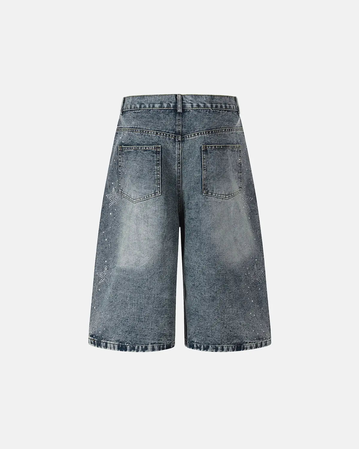Star rhinestone denim shorts by INFLATION, stylish streetwear pants with sparkling star embellishments and distressed denim details.