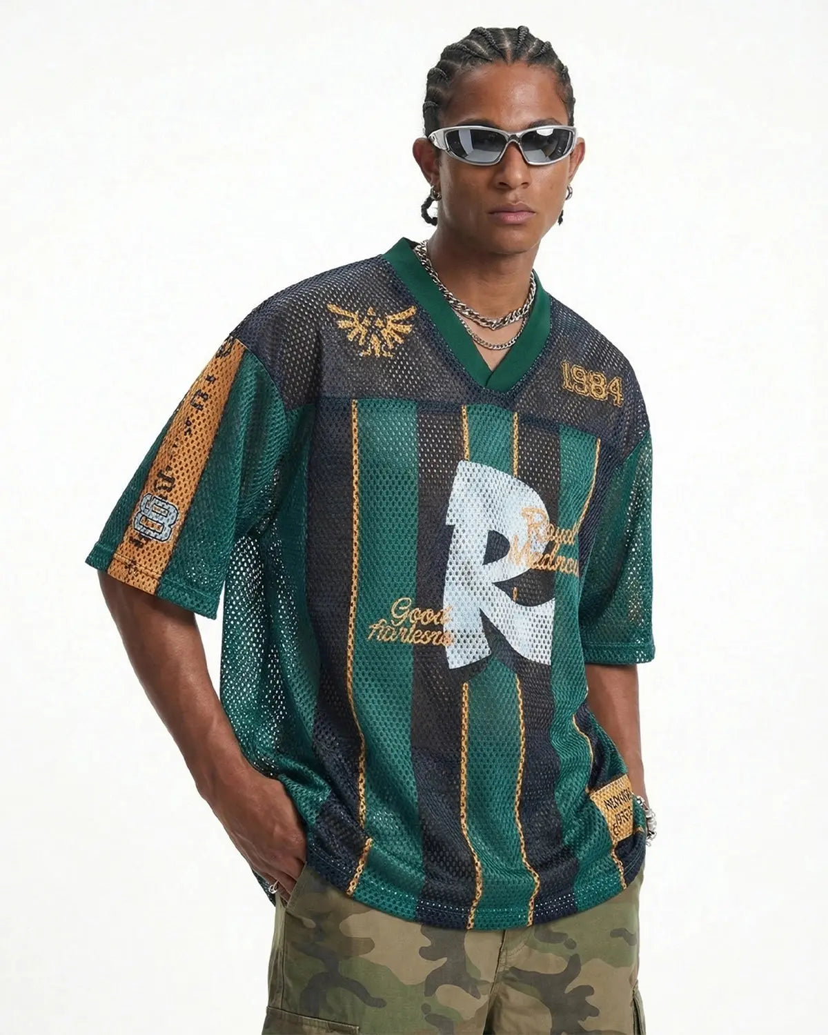 Vintage striped mesh jersey by INFLATION, featuring bold colorful stripes and lightweight breathable fabric, streetwear style.