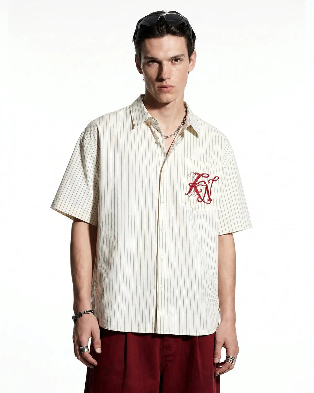 Inflation Streetwear striped embroidered short-sleeve shirt with colorful patterns, casual fit, and embroidered details.