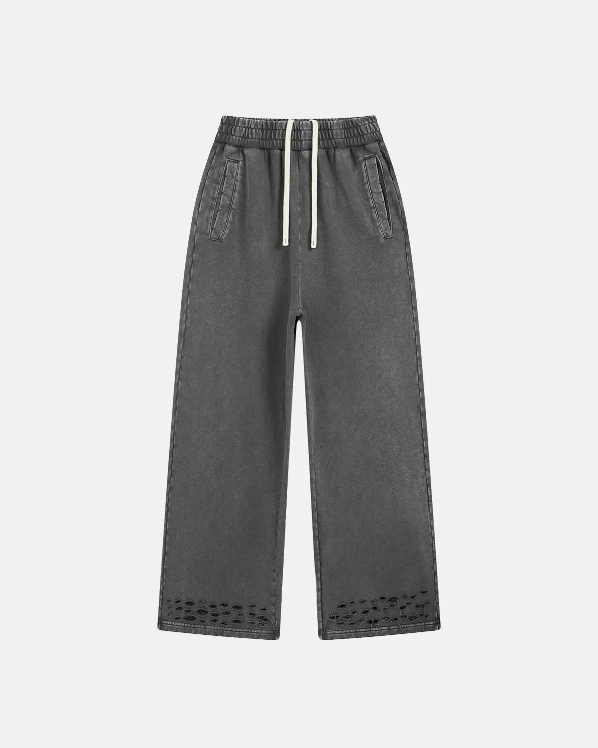 Inflation streetwear ripped acid wash sweatpants with distressed design and relaxed fit, made from soft cotton fabric.