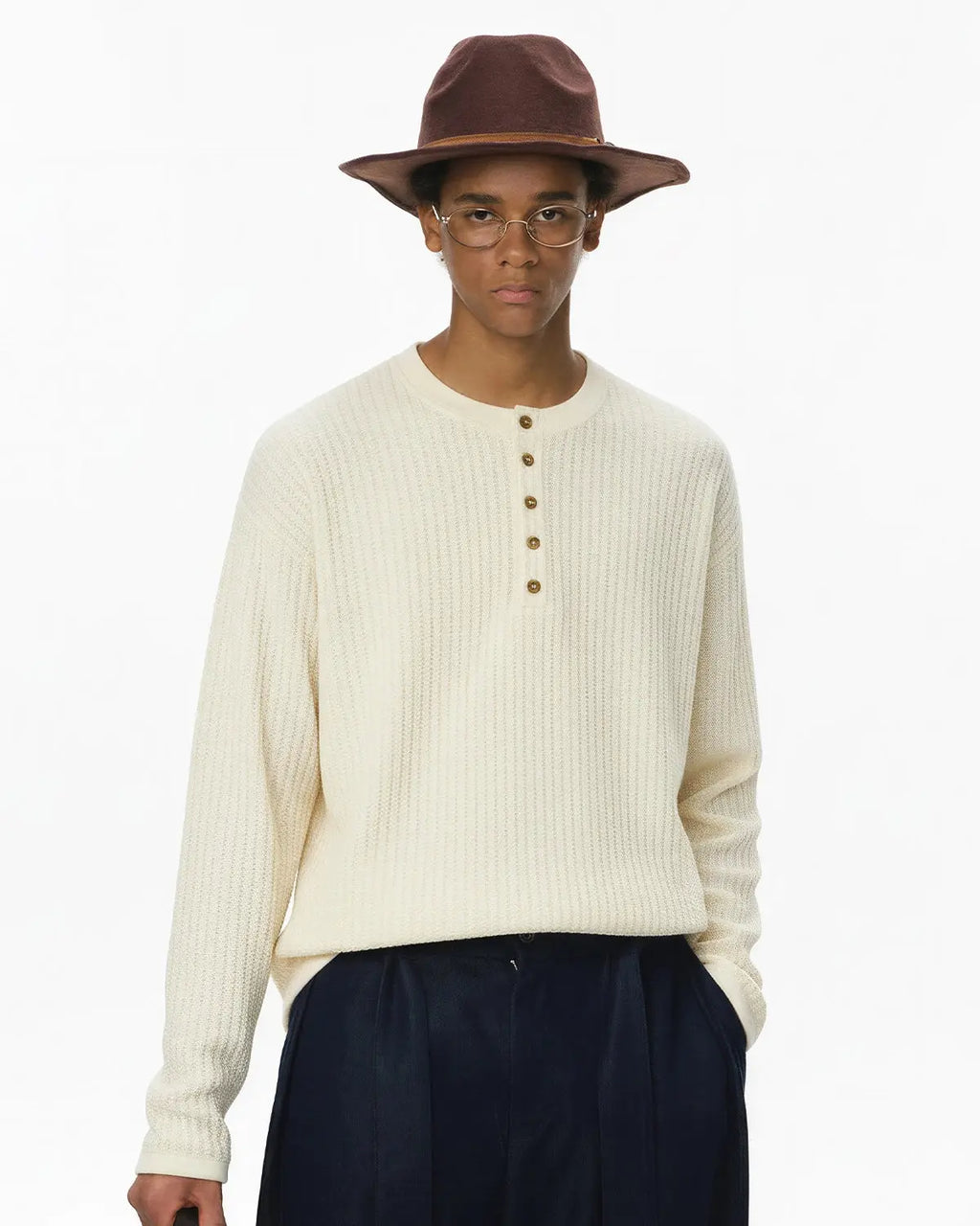 Inflation Streetwear Old Money Style Henley long sleeve T-shirt in neutral colors, casual men's fashion tee with button placket.