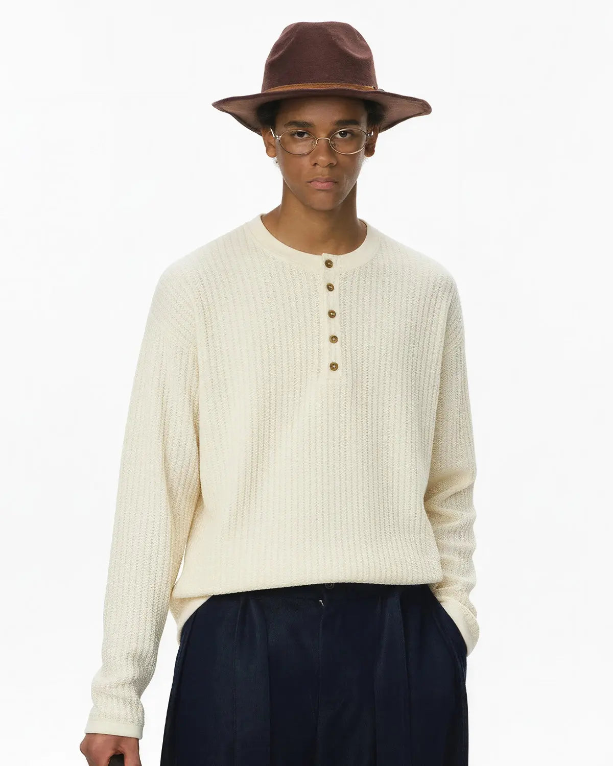 Inflation Streetwear Old Money Style Henley long sleeve T-shirt in neutral colors, casual men's fashion tee with button placket.