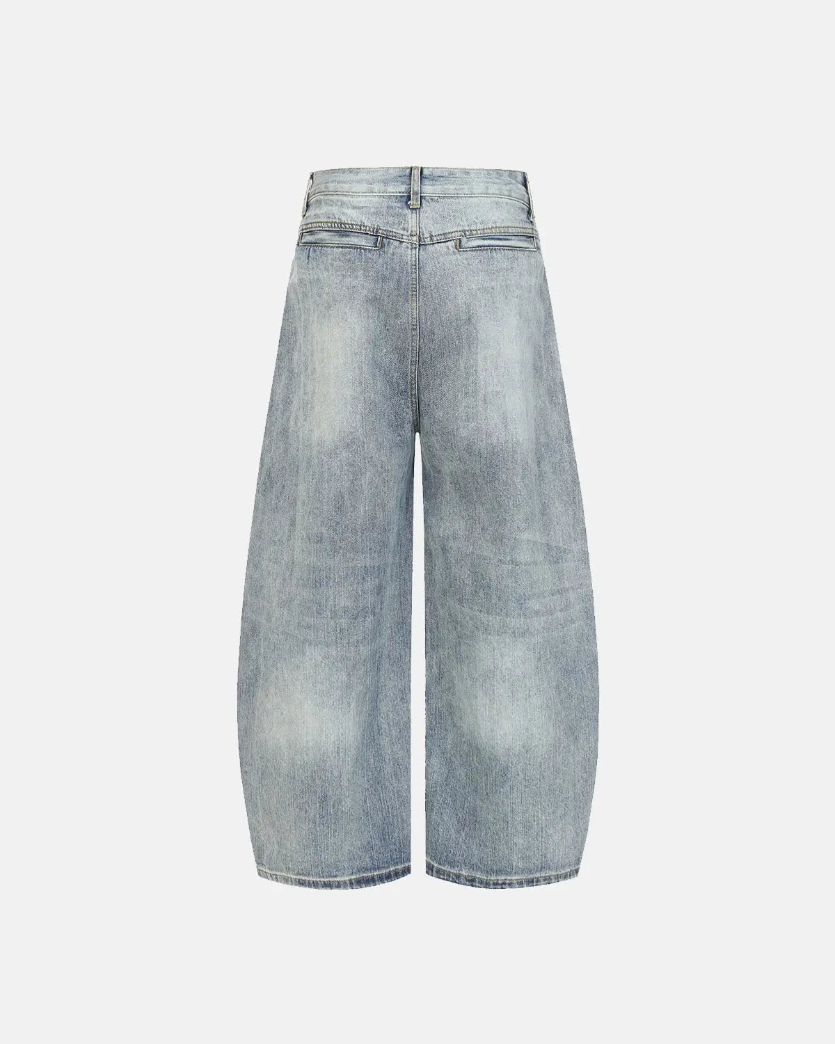 Inflation Streetwear graphic embroidered washed barrel jeans shown in a side view, featuring colorful embroidery details.